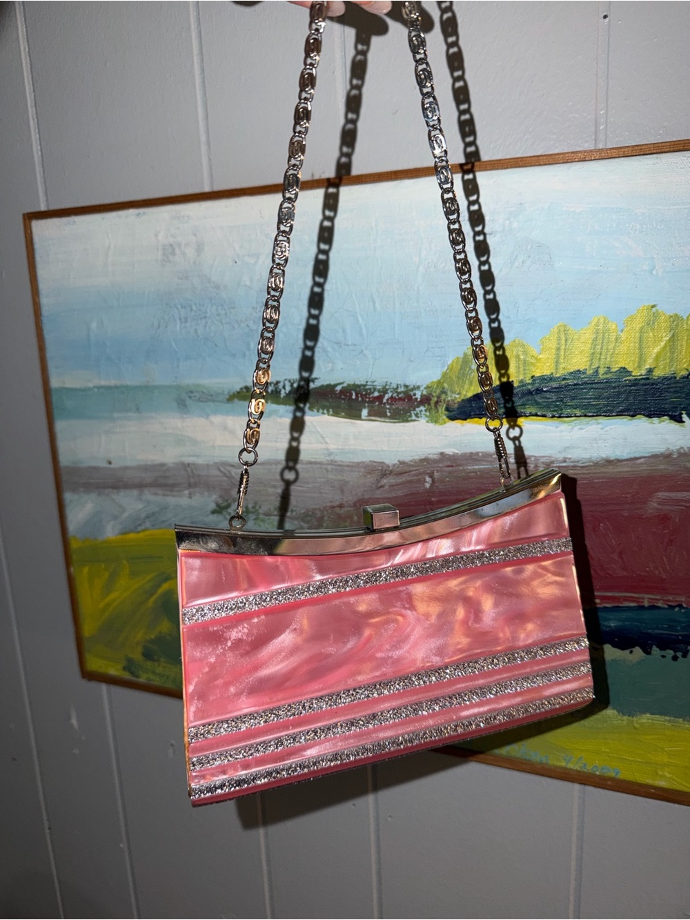 Pink Pearlized Evening Clutch with Silver Chain